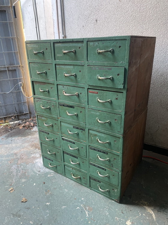 Armadio da officina industriale in legno con 24 cassetti, verde, Armadi contenitori, Metallo, Marrone (foto 3 di 5)