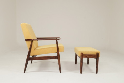 Vintage set fauteuil en poef Corduroy Geel Pastel Stoffering Mid Century Stijl
