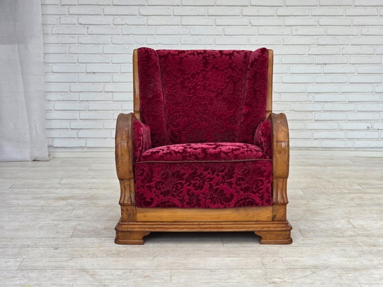 Image 1 of Anni '50, poltrona relax danese, velluto rosso per mobili, legno di quercia.