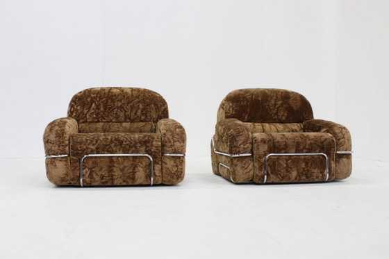 Image 1 of Set of vintage Italian armchairs in chrome and velvet from the 1970s