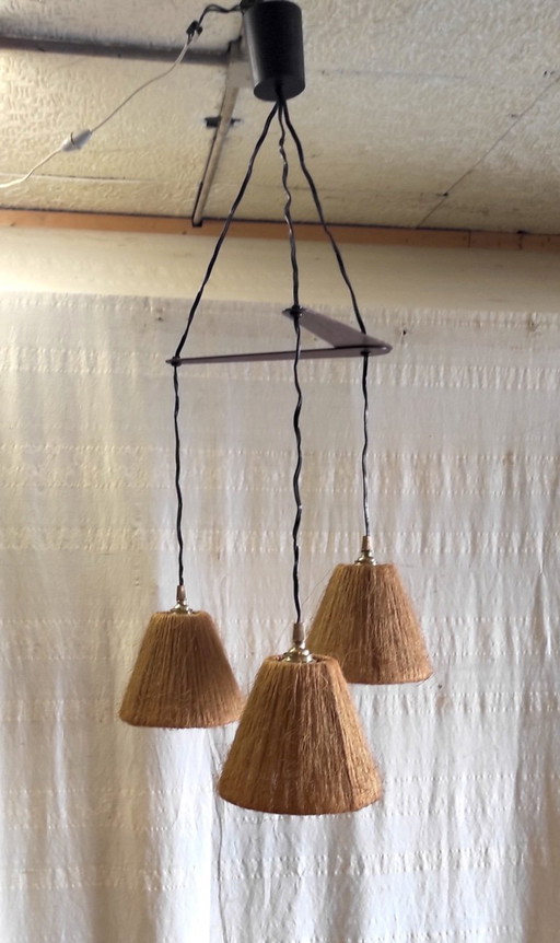 Hanglamp met drie lichtpunten in Scandinavische stijl, gemaakt van teak en sisal - jaren 60/70
