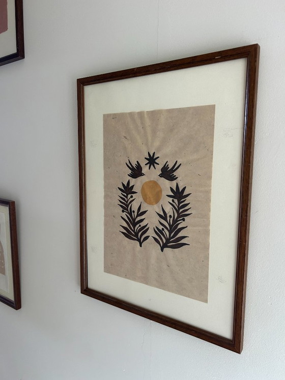 Image 1 of Handmade Boho Wall Art | Birds & Golden Sun | Botanical Illustration A4