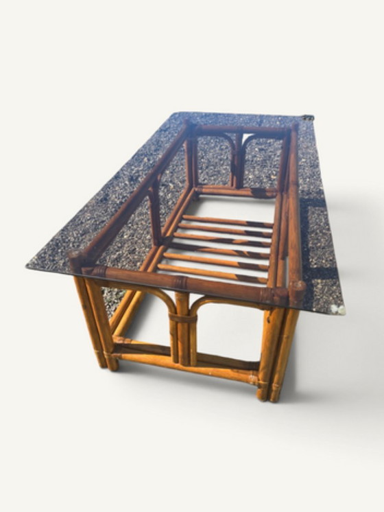 Vintage Rattan and Bamboo Coffee Table with Smoked Glass Top (photo 3 of 5)