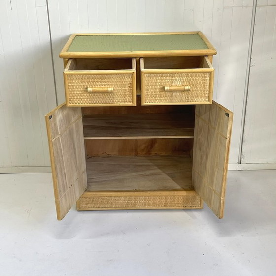 Image 1 of Vintage Rattan Bamboo Sideboard Green Leaf Drawer Cabinet