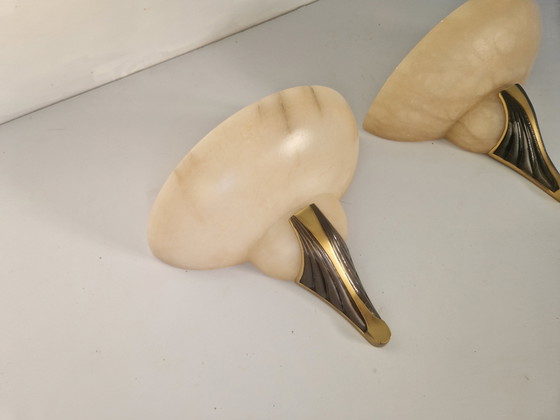 Image 1 of Art Deco Wandleuchter aus Alabaster und Bronze