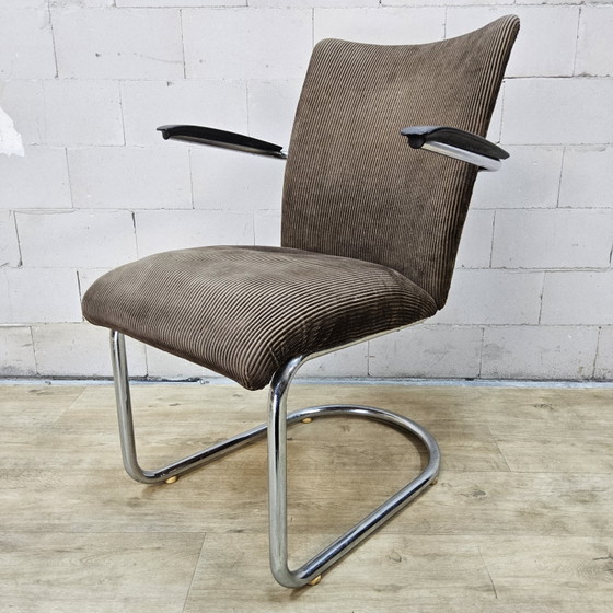 2x Vintage Toon De Wit (Gebroeders De Wit) Stoelen Met Leuningen Beige Ribstof (1940s) Dutch Design (photo 10 of 15)