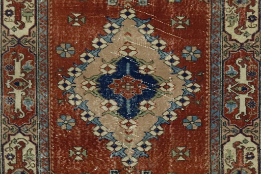 Tappeto turco vintage Oushak 218 × 131 cm – Tappeto in lana con medaglione color terracotta (photo 2 of 10)