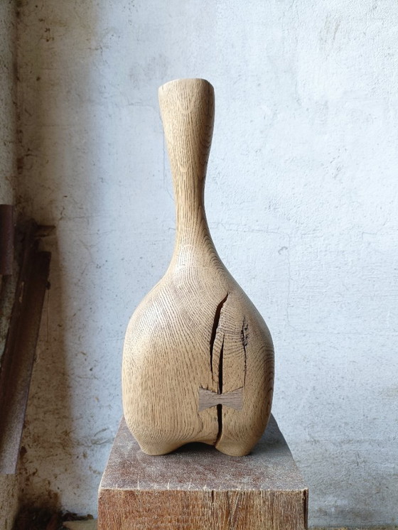 Image 1 of Large Vase/Bottle in Carved Solid Oak