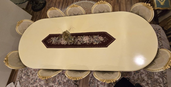 Image 1 of Grand Louis XVI Style Dining Suite: Large Oval Table & 10 Medallion Chairs (Solid Walnut)