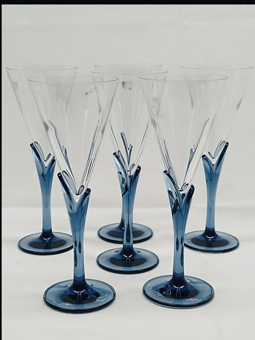 Set van 6 Vintage Luminarc "Lilas" Champagneglazen – Saffierblauw – Jaren '80/'90 (Mint)