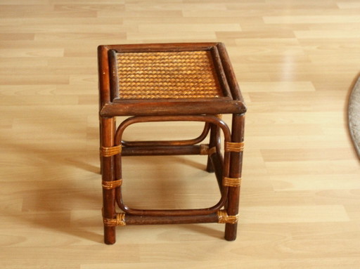 Porte-plantes artisanal en rotin, bambou, bois - Vintage années 70