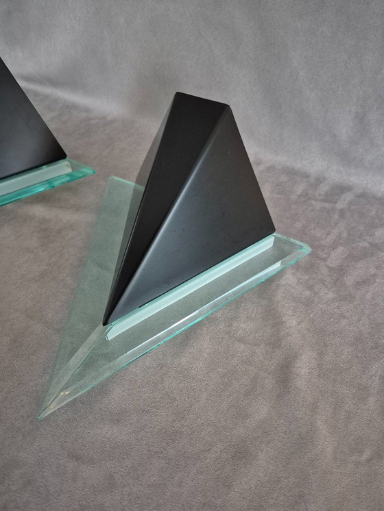 Image 1 of Postmodern Lucite Wall Lamps (80s/90s) — Sculptural Geometric Design, Ambient Uplight & Turquoise Glow, E27, Set of 2