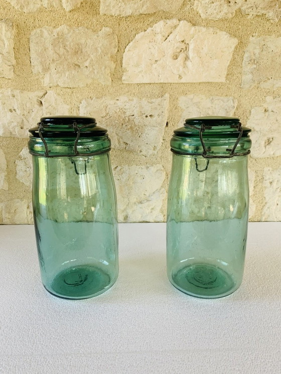 Image 1 of Vintage Franse potten in smaragdgroen glas van L'Ideale, jaren 1940, set van 2