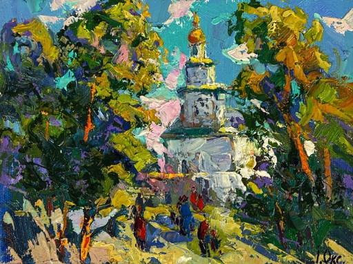 Original Oil Painting Rural Landscape Church Morning Bell in the Village