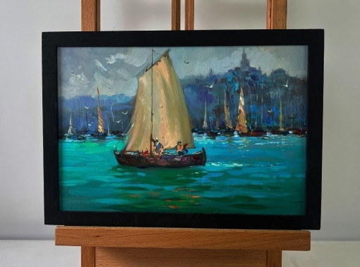 Original Oil Painting Gloomy City Landscape Fishermen greet the dawn at sea
