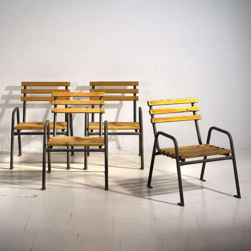 Gelbe antike Eisen-Gartenstühle (ca. 1920). Set aus 4 Stück #39