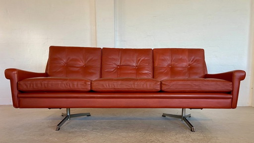 DANISH VINTAGE SVEND SKIPPER 3 PERSON SOFA IN COGNAC LEATHER AND CHROME
