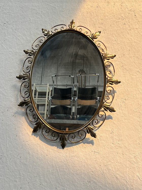 Image 1 of Vintage Oval Brass Mirror, Ornate Decor, Deknudt Belgium, 1970's