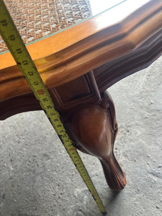 Vintage oval coffee table in French Louis XV style is made of cherry wood and features a glass top over (photo 4 of 8)
