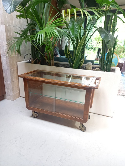 Chariot de service Art déco, chariot à thé, armoire à boissons, verre vintage, bois