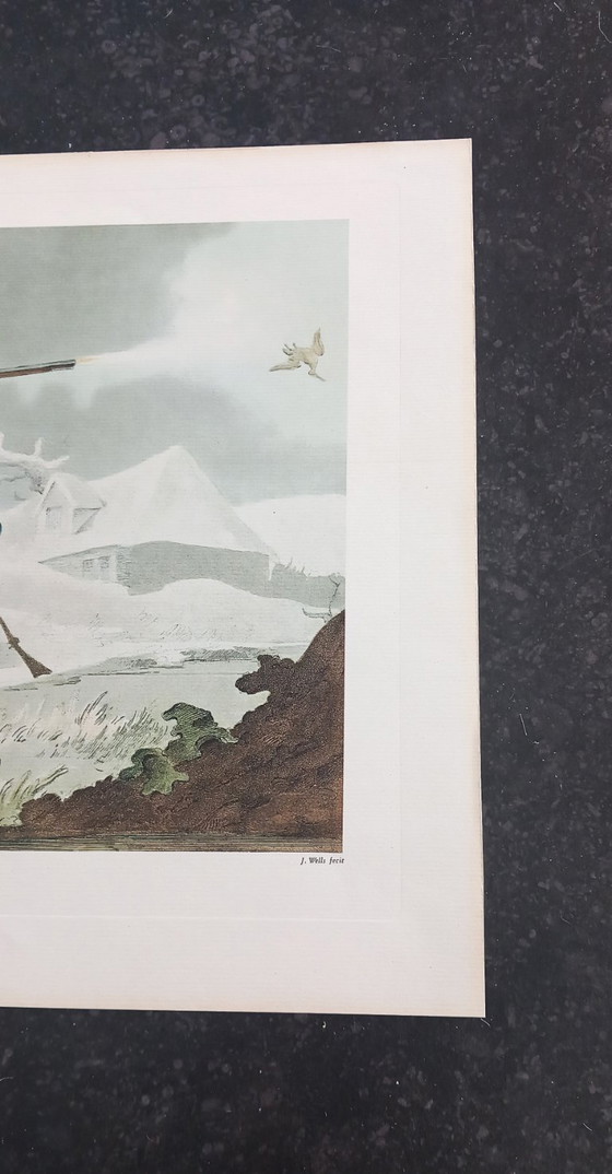 Image 1 of Antiker handkolorierter Kupferstich „Schnepfenjagd“ – Jagdszene – ca. frühes 19. Jahrhundert