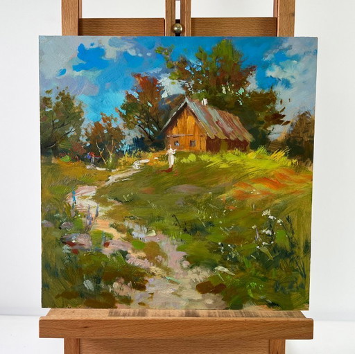 Original Oil Painting Summer Nature Landscape House on the hill