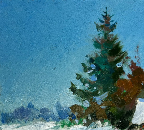 Image 1 of Original Oil Painting Snow Forest Landscape House in the Snow