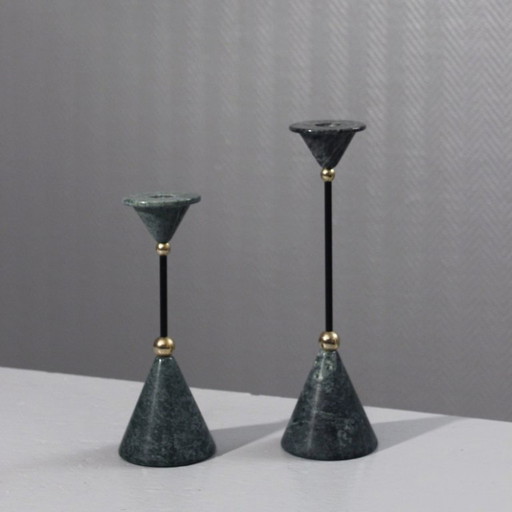 Pair of marble and brass candlesticks, post-modernist Memphis design, 1980s