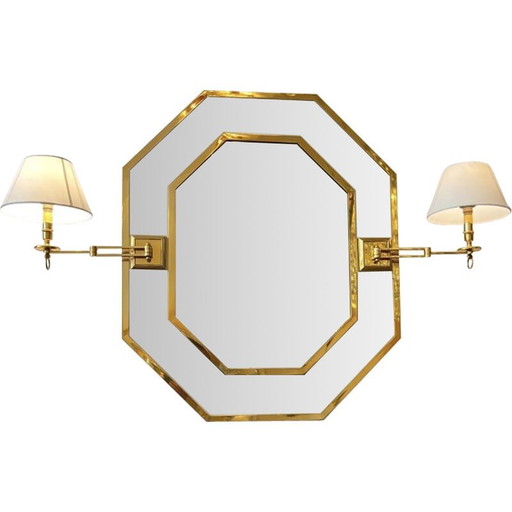 Vintage brass and leather octagonal mirror with lamps, Italy 1970s