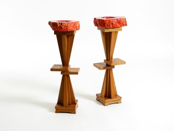 Image 1 of Two Unique Mid-Century Standing Ashtrays Consisting of Red Alabaster Cup with Beautiful Wooden Stand with Shelves
