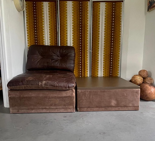 Divano modulare vintage con tavolino abbinato. – modulaire banken, Leather, Textile