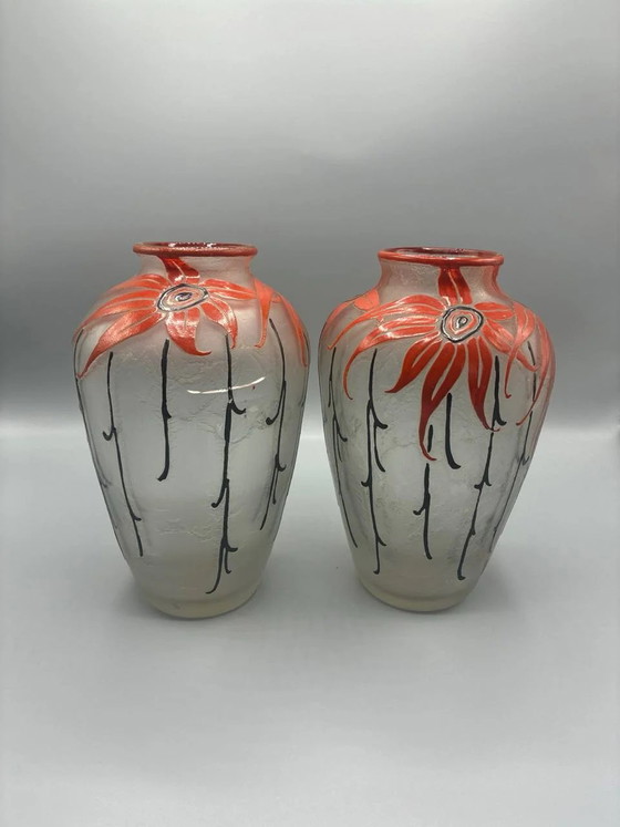 Pair of Legras Vases – Red Floral Enameled Glass – Art Deco – Glass & Decanter (photo 2 of 5)