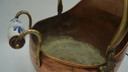 COPPER DUTCH HELMET COAL ASH SCUTLLE BUCKET DELFT BLUE HANDLE BRASS LION HEAD