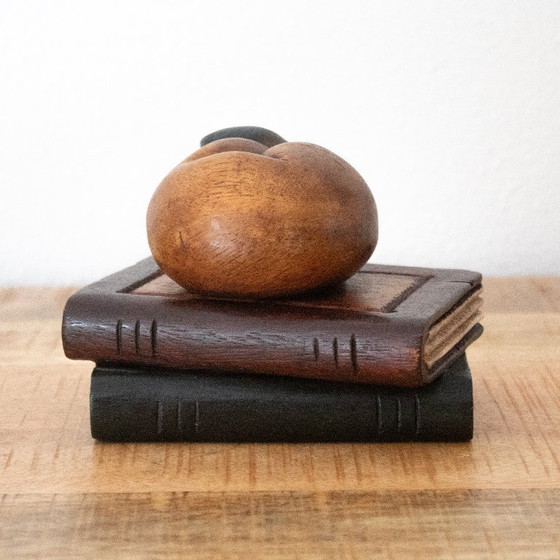 Image 1 of Teak Figurine of a Sleeping Cat on Two Books