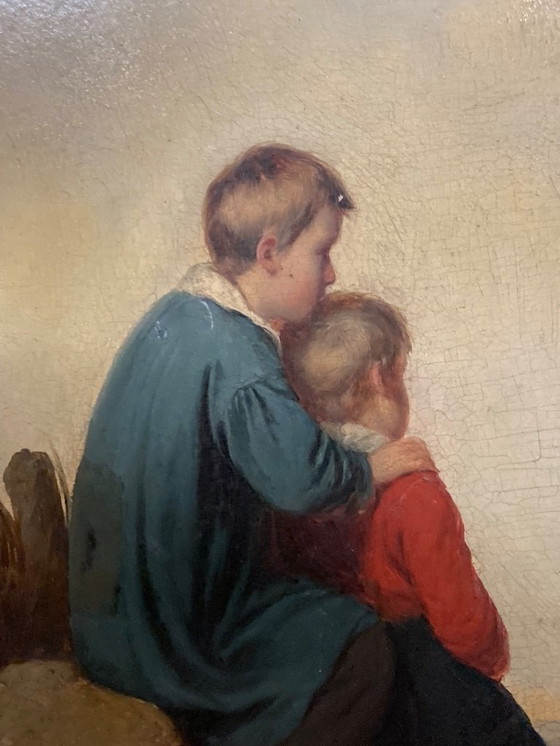 Image 1 of Peinture à l'huile ancienne sur panneau de bois représentant deux enfants