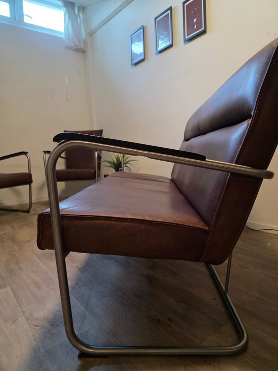 Image 1 of Leren Woonhoek | Bank + 2 Fauteuils | Bauhaus Stijl | €900