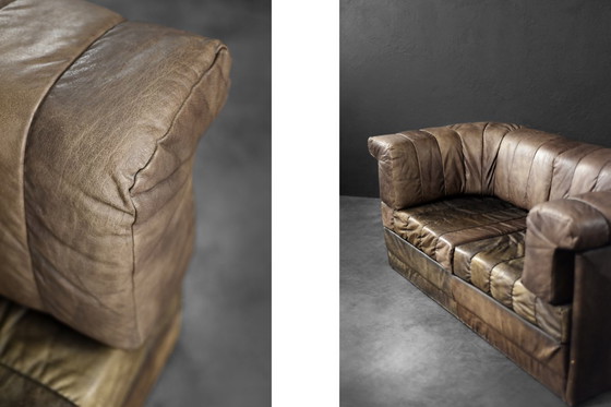Image 1 of Vintage Mid-Century Modern German Brutalist 2-Seater Brown Leather Bed Sofa, 1970s