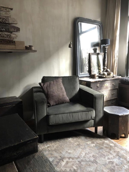 WOOOD Robin armchair warm green velvet with ottoman