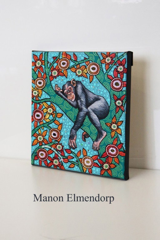 Handgeschilderd Schilderijtje Chimpansee Nieuw 20x20 cm