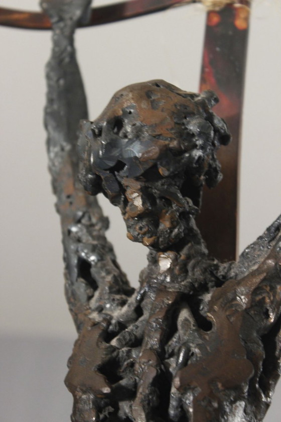 Image 1 of Brutalized crucifixion sculpture in welded iron, bronze, and copper, 1970s, signed