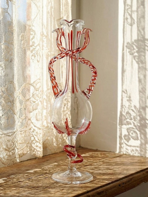 Vaso solifloreale veneziano in vetro soffiato di Murano, anni '50-'60, Filigrana/Zanfirico