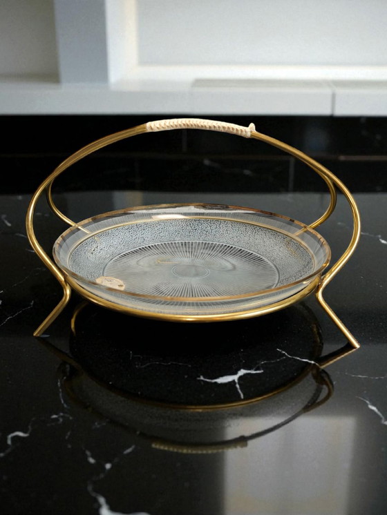 Image 1 of Mid Century Messing Glas Etagere 1950s – Messing Glazen Schaal Vintage