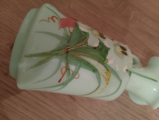 Image 1 of Rare small Legras pitcher in Art Nouveau uranium glass with beaded enamel, 13 cm tall.