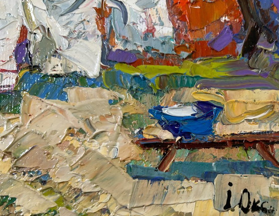 Image 1 of Original Oil Painting Summer Village Landscape Clothes are drying