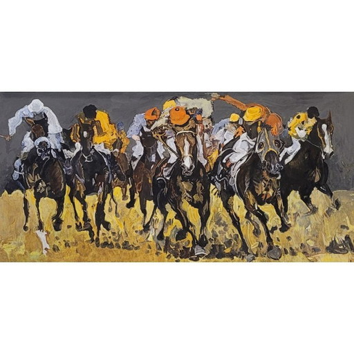 Gouache sobre papel “Carrera de caballos”, Escuela Francesa, 50’s - Francia