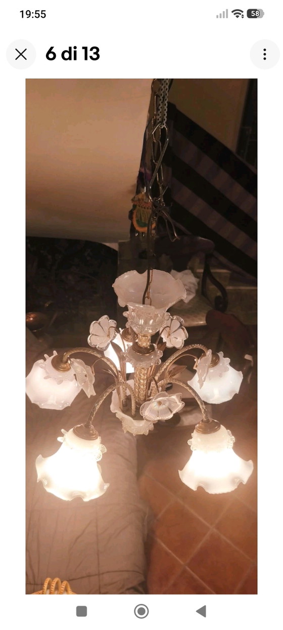 Vintage 5-Light Murano Style Chandelier in Brass and White Glass – Murano Glass (photo 6 of 9)