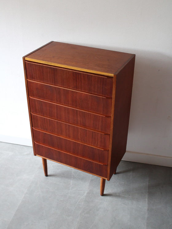 Image 1 of Vintage Danish narrow and tall chest of drawers in teak