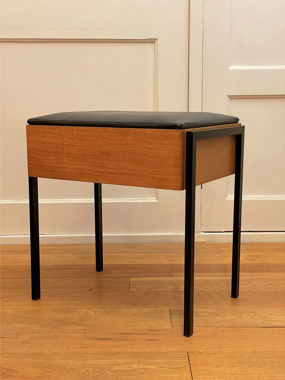 Image 1 of Sgabello da cucito vintage con spazio di archiviazione di Aristo – teak e metallo