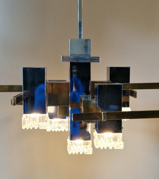 Image 1 of Vintage Italian design chandelier, Cubic, Gaetano Sciolari, chrome, brass, glass, 1970s