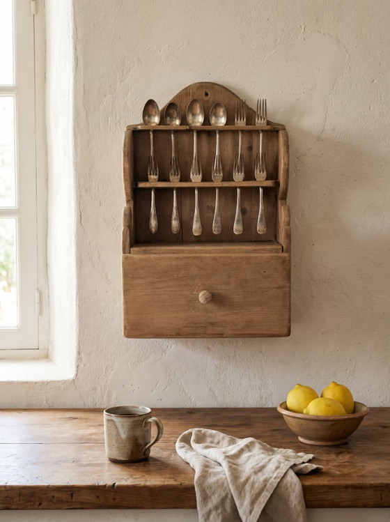 Image 1 of Hand-Carved Folk Art Pine Cutlery Rack with Drawer, 1950s